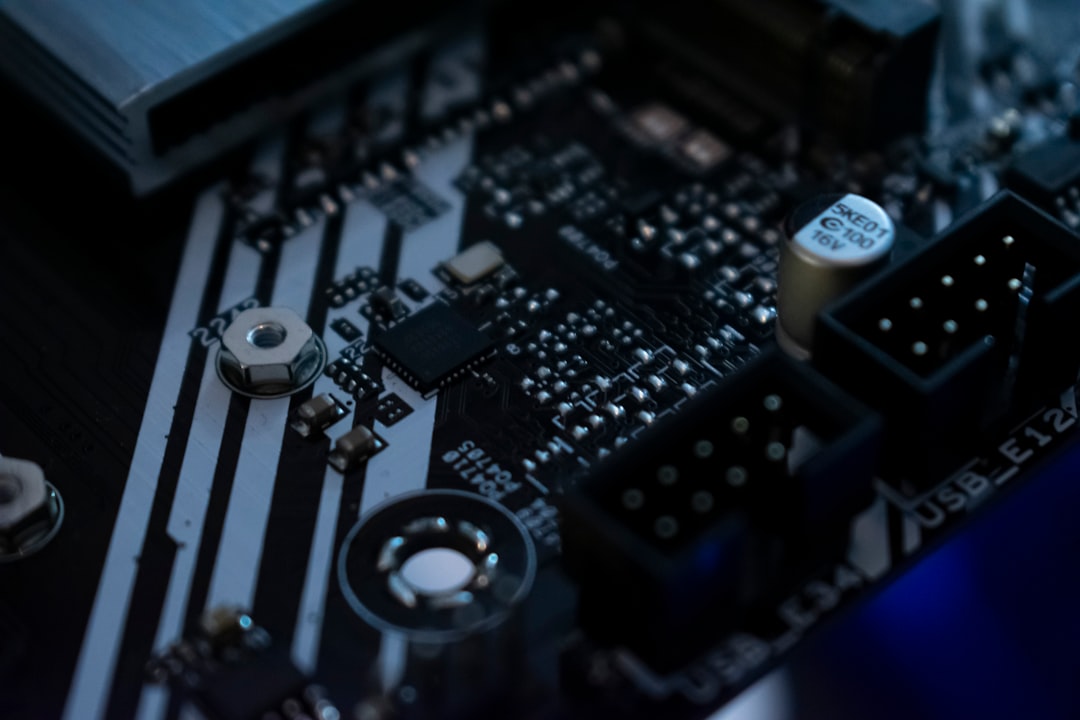 A detailed macro photograph of a futuristic circuit board with glowing light trails, representing the complex operating system for autonomous AI.