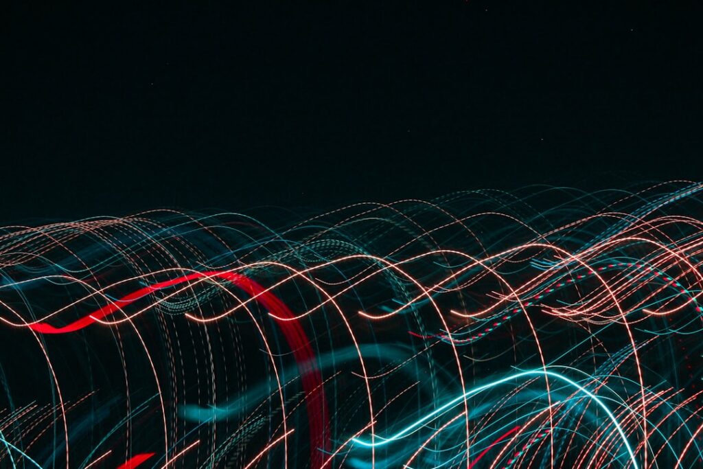 Abstract digital network of glowing nodes and lines on a dark background, representing a brand algorithm and data connecti...
