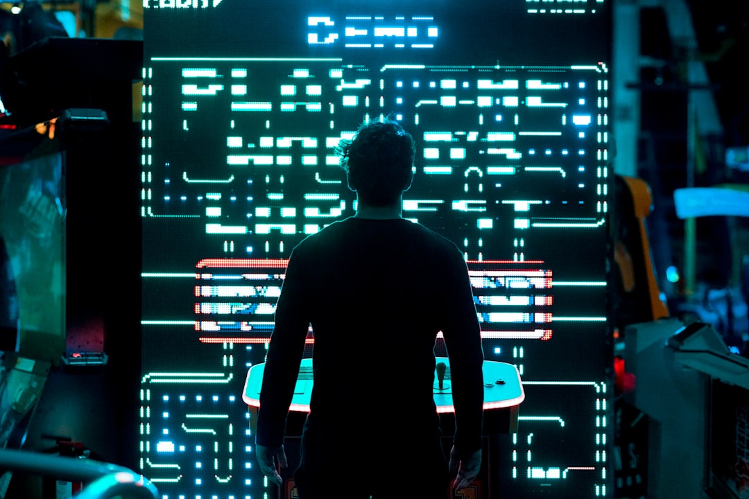 A professional in a modern setting touching or manipulating a holographic screen displaying glowing, abstract data points and network connections, representing digital optimization.