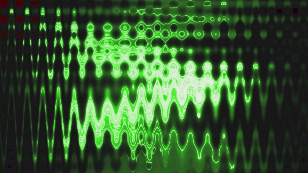 Abstract, glowing visualization of a complex sound wave on a dark background, representing the unique digital signature of...