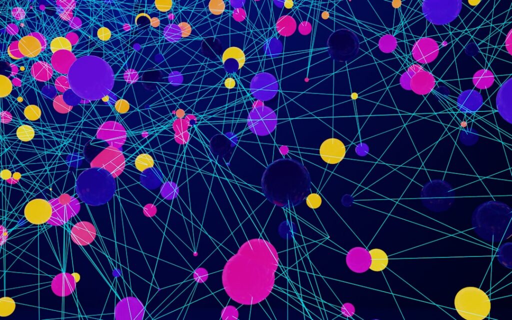 Abstract visualization of interconnected glowing nodes on a dark background, representing a federated AI network and algor...