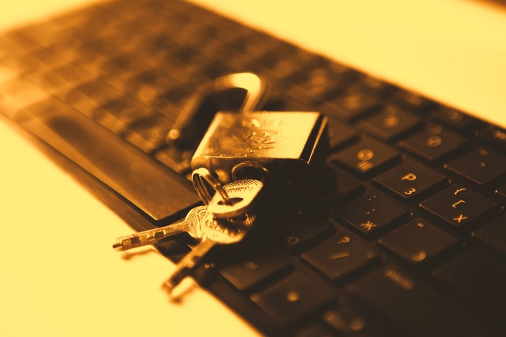 Close-up of a unique, intricately designed modern key unlocking a secure, high-tech lock, representing certified access to...