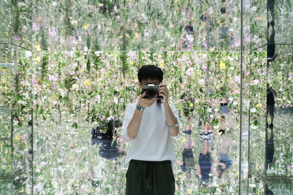 Modern, minimalist room with mirrors on opposing walls creating an infinite reflection effect, symbolizing an algorithmic ...