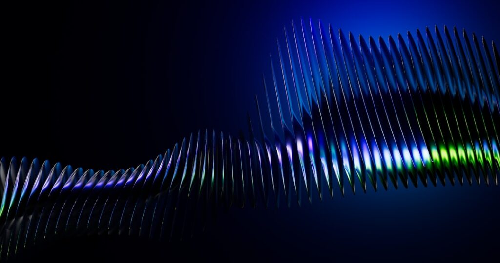 Abstract, futuristic visualization of a glowing blue sound wave on a dark background, representing conversational AI and d...