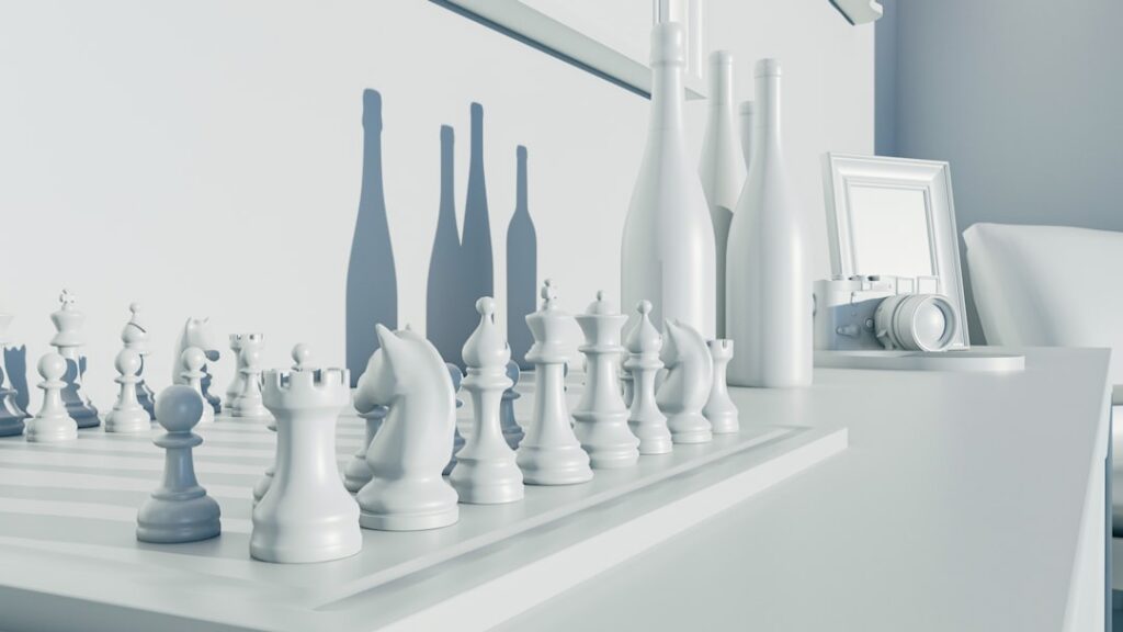Close-up of sleek, modern glass chess pieces on a board, illuminated by dramatic, high-contrast lighting, symbolizing stra...