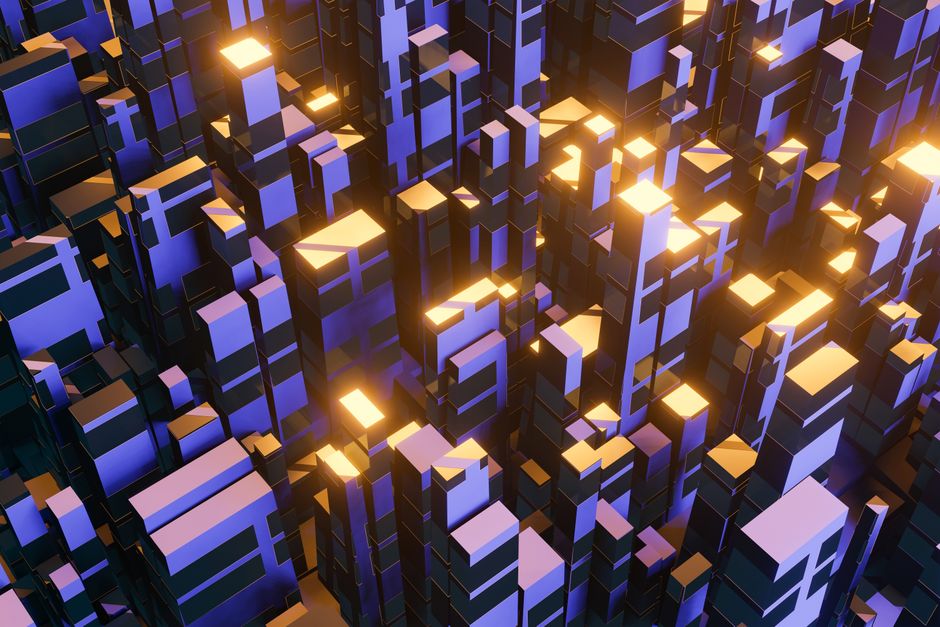A minimalist composition of glowing digital cubes forming a complex structure, symbolizing the building blocks of AI brand equity and valuation models.